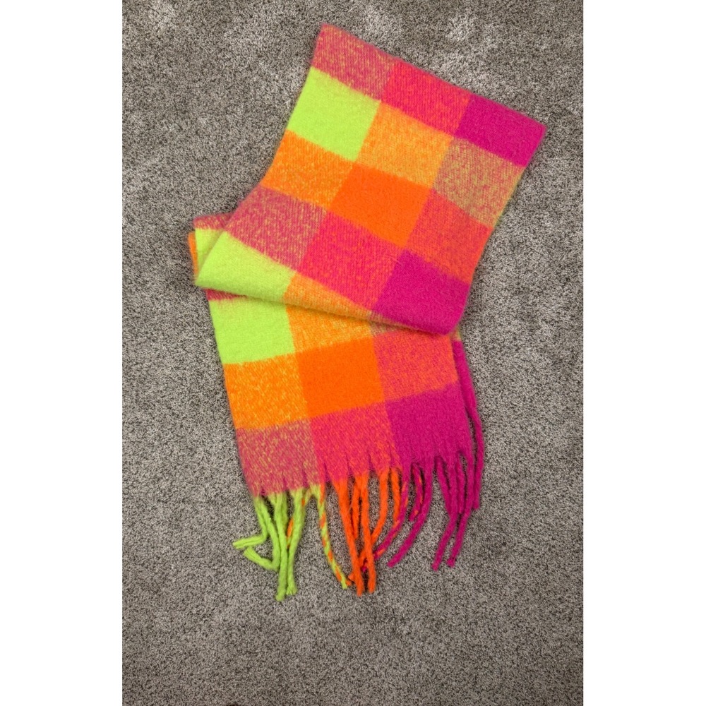 Akira Neon Buffalo Oversized Plaid Scarf Pink Orange Lime Green Fuzzy Fringe